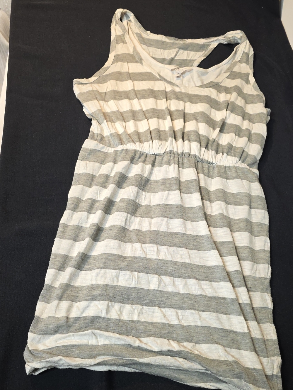 BCBGeneration Gray and White Striped Sleeveless Racerback Mini Dress